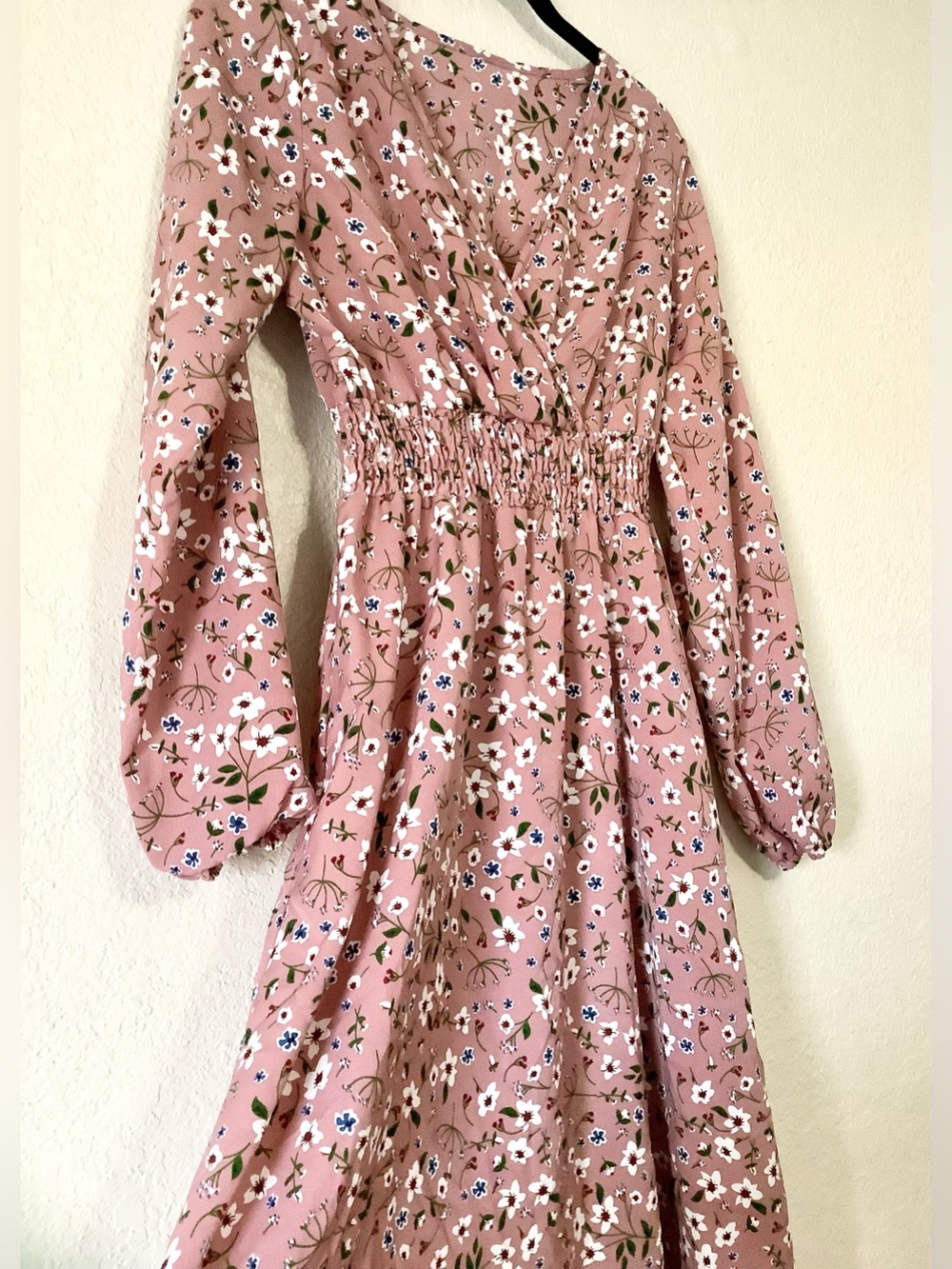 SHEIN Dusty Pink Floral Long Sleeve Shirred Waist Dress